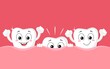Cartoon teeth grow funny characters of vector dental health. Baby, milk or primary tooth growing up, happy smiling teeth in gum cheering up the new one, teething stage of kids, dentistry themes
