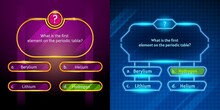 Quiz Game Questions Or Test Menu Choice Templates With Answers, Vector Background. Quiz Game Or Trivia Contest TV Show Layout With Neon Answer Options In Number Frames For Knowledge Quiz Quest