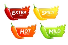 Spicy Level Hot Chili Red Pepper, Cayenne, Jalapeno Icons With Fire Flames. Vector Spicy Food Level Emblems Collection, Extra, Spicy, Hot And Mild Strength Of Sauce Or Snack Food Isolated Set