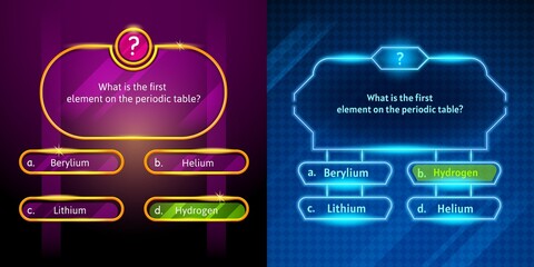 Wall Mural - Quiz game questions or test menu choice templates with answers, vector background. Quiz game or trivia contest TV show layout with neon answer options in number frames for knowledge quiz quest