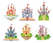 Cartoon Fantasy Castles Set, Fairytale Isolated Castle Or Palace With Towers, Vector Medieval Fort Or Fortress. Fairy Tale Kingdom House Building, Castles With Flags On Books Or Sky Clouds