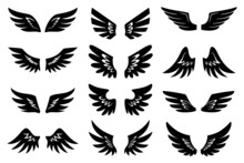 Angel Wing Stamp Print Tattoo Shape Black Icon Set. Template For Filling Simple Winged Label Shape. Flight Symbol Vintage Sign Freedom. Tribal Heraldic Outline Sign Demon Decoration Isolated On White