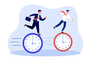 Wall Mural - Business people rushing to deadline, running fast. Tiny busy persons riding clocks in hurry flat vector illustration. Time management, urgency concept for banner, website design or landing web page