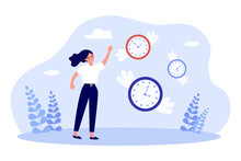 Clock With Wings Flying Into Sky And Businesswoman. Lost And Lack Of Time Of Tiny Woman Flat Vector Illustration. Effective Time Management Concept For Banner, Website Design Or Landing Web Page