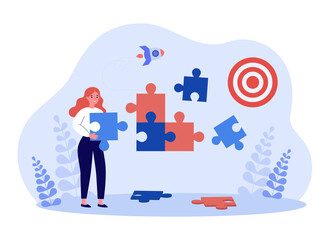 Wall Mural - businesswoman connecting puzzle pieces. tiny woman building career, work success flat vector illustr
