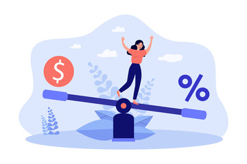 Wall Mural - Percentage symbol and money on balancing scales with woman. Person measuring interest rate flat vector illustration. Bank credit, investment concept for banner, website design or landing web page
