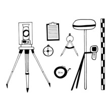 Tacheometer, Technical Level, Total Station, Tape Measure, Leveling Staff, Compass, Tablet, Dividers Set Hand Drawn Doodle. Vector,sketch. Icon. Geodesy, Cartography, Measurement, Construction, Survey