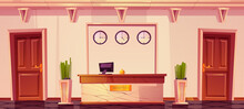 Hotel Reception With Computer And Bell On Marble Desk, Flower Vases, Clocks On Wall. Modern Inn Foyer, Hall Or Lobby With Wooden Doors. Tourism, Business Trip Concept. Cartoon Vector Illustration