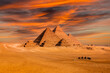 Sunset view of Pyramid complex of Giza, in Cairo, Egypt.