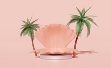 Cylinder Stage Podium Empty With Shellfish,coconut Palm Tree Isolated On Pink Background.modern Stage Display,minimalist Mockup,abstract Showcase Background ,Concept 3d Illustration,3d Render