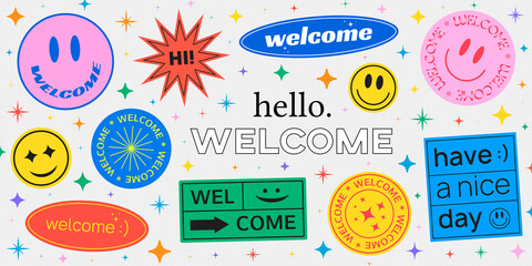 Aufkleber - Cool Trendy Smile Happy Stickers Collection. Hello Welcome Hipster Illustration.