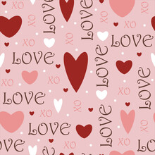 Love Words, Hearts Seamless Vector Pattern. Hand-drawn Holiday Background. Written Text, Hearts Of Different Colors And Sizes, Polka Dots. Seasonal Concept For Valentine's Day, Wedding, Date, Party.