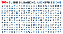 Set Business, Banking And Finance Icons Set Glyph Blue. Icons For Business, Management, Finance, Strategy, Banking, Marketing And Accounting For Mobile Concepts And Web. Modern Pictogram