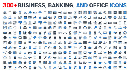 Set business, banking and finance icons set glyph blue. Icons for business, management, finance, strategy, banking, marketing and accounting for mobile concepts and web. Modern pictogram