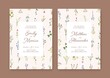 Wedding invitation card designs. Floral backgrounds with marriage ceremony and bridal party inviting. Engagement templates with spring romantic wild flowers frames. Flat vector illustrations