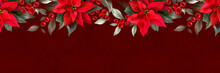 Banner With Poinsettia, Holly, Winter Berries In Christmas Bouquet On Red Watercolor Paper. Universal Artistic Templates. Corporate Holiday Border. Floral Backgrounds Design. Watercolor Botanical