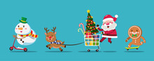 Santa Claus Push Shopping Cart Shopping Gift In Store For Sending To People Around The World.