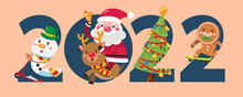 2022 Winter Christmas Tree With Santa Claus And Team Decorating Christmas Tree.
