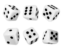 Realistic 3d Rolling Dice For Casino Gambling Games. White Cubes With Dots. Falling Poker Die For Random Choice In Craps. Dice Vector Set
