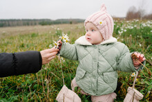 Mother Giving Chamomile Flower To Daughter At Meadow