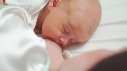 Wall Mural - breastfeeding. close up. mother feeds the baby with breast milk lying in bed