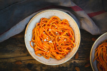 Studio Shot Of Bowl Of Vegan Linguini With Sauce