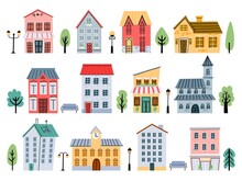 Cartoon Town Street Buildings, Houses, Shops, Trees And Flashlight For Kids. Cute Urban Architecture Elements. Childish City Home Vector Set