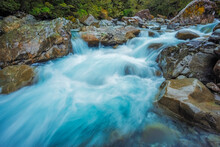 Long Exposure Of Bealey River Flowing Through Arthurs Pass