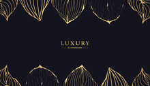 Luxury Natural Frame With Golden Leaves Line Art On Dark Blue