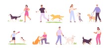 Flat Happy People Walking, Training And Playing With Dogs. Blind Person With Guide Dog. Men And Women And Domestic Dogs Activity Vector Set