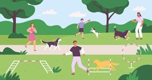 Dog Park With People Playing, Training And Walking Pets. Flat Owners And Dogs Outside Activity. Domestic Animals Playground Vector Concept