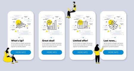Wall Mural - Vector Set of Finance icons related to Calendar graph, Growth chart and Graph chart icons. UI phone app screens with people. Sale line symbols. Annual report, Sale diagram, Growth report. Vector