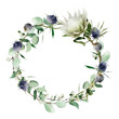 Watercolor floral wreath with protea, violet thistle, green eucalyptus leaves. Hand-drawn winter frame template isolated on white background for wedding invitations, cards, and logo