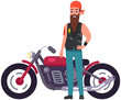Smiling man in bandana and leather jacket. Brutal bearded biker, driver, motorcyclist standing near huge bike. Cool biker, lover of extreme driving on transport. Male character riding motorcycle