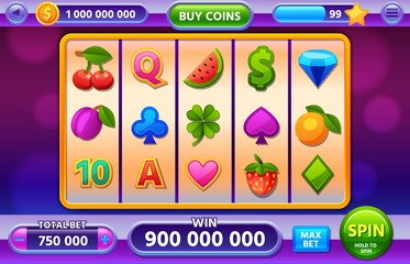 Wall Mural - Casino slot machine gameplay interface for mobile app. Jackpot ui with fruits, diamond and clover cartoon icons. Vegas game vector screen