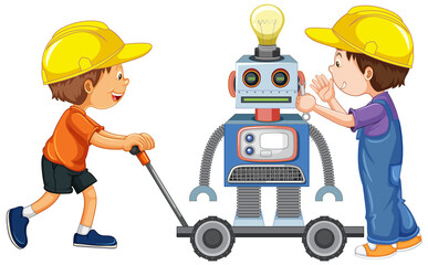 Canvas Print - Two boys building robot on white background