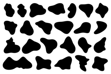 Abstract liquid black organic blob shape silhouettes. Simple ink splat, spot and stain. Pebble stone forms. Random fluid inkblots vector set