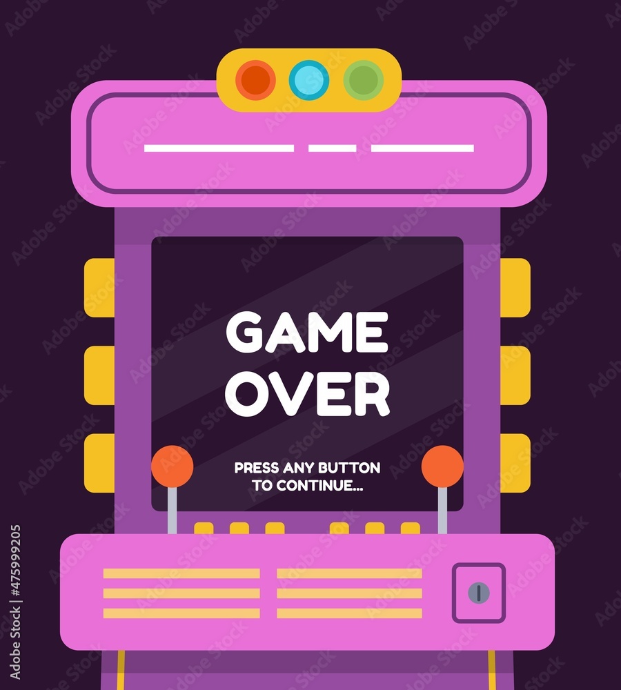 Cartoon retro arcade machine with game over screen. Old gamer 80s ...