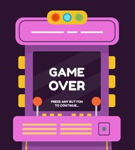 Cartoon Retro Arcade Machine With Game Over Screen. Old Gamer 80s Console With Buttons And Joystick. Vector Poster With Flat Arcade Monitor
