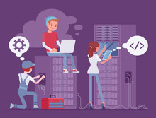 Data Center Server Cloud Support Crew, System Administrators At Work. Technical Team Installing, Configuring Hardware, Software, Professional Computer Operator. Vector Flat Style Cartoon Illustration