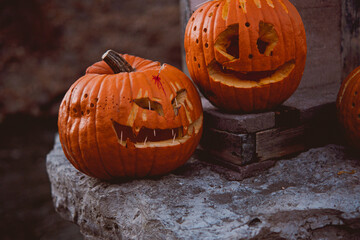 Sticker - Closeup of Halloween decorative pumpkins, holidays celebration