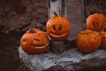 Wall Mural - Closeup of Halloween decorative pumpkins, holidays celebration