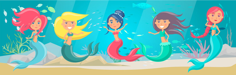 Wall Mural - Sea adventure with marine wild nature, mermaid and fishes. Underwater life of sea creatures. Girl with fish tail and long hair smiles and swims in blue water. Cartoon nautical character lives in ocean