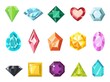 Cartoon jewelry gem stone, diamond and brilliant icons. Flat gemstone for game. Shiny crystal, emerald, ruby heart and aquamarine vector set