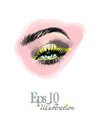 Vector watercolor sketch illustration of colorful female eye and makeup mascara. Watercolor background. Concept for beauty salon, cosmetics label, visage and makeup.