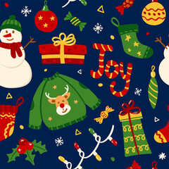  Seamless Christmas and New Year pattern. Pattern with New Year and Christmas elements for decorating gift wrapping, posters, postcards, stationery.