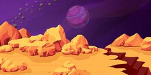 Red Planet Landscape. Mars Panorama, Martian Background With Asteroid And Planets On Sky. Cartoon Space Fantasy, Yellow Stones, Recent Vector Illustration