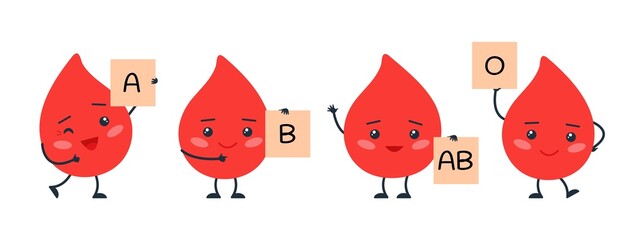 Poster - Types of blood. Happy bloods characters, red drops with banners. Medical bleeding elements, isolated cute healthy droplets. Kawaii decent vector set