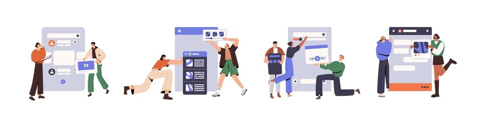 UI UX design concept. People web-designers at creation process of creating interfaces, visual content layouts, developing usability application. Flat vector illustrations isolated on white background