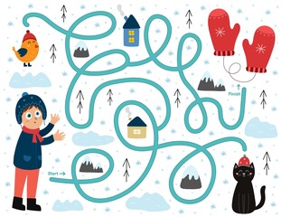 Wall Mural - Help the boy find mittens. Winter maze game for kids. Preschool activity page. Find the way to red mittens puzzle. Us letter format. Vector illustration